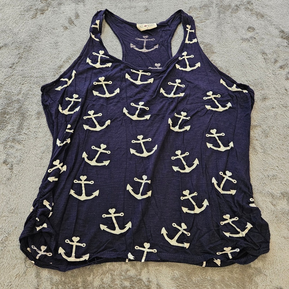 Free Kisses Womens Navy Blue Anchor Heart Print Racerback Tank Top Small